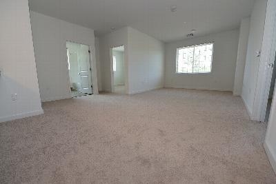 The Grove at Montgomery Living Room photo with carpet flooring. There is a large window to allow natural light to enter the room. There are several doors that access the bathroom and bedrooms.