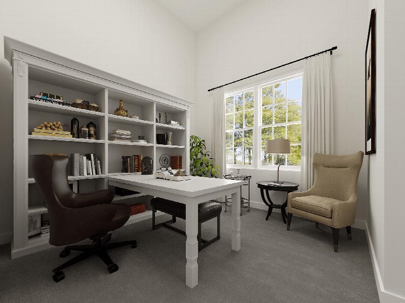 Suites at Sun Valley rendering of a den showing a desk and a large book case. There is a sitting chair and table in the corner, and a window to allow for natural light.