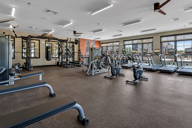 Interior photo of the community gym inside the clubhouse at Ewing Town Center showing multiple strength and cardio exercise machines.