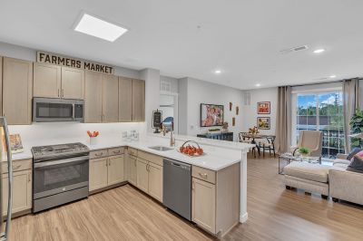 Interior photo of a Meadows at Mongomery apartment showing the kitchen and living room area. The kitchen has brand new cabinets, quartz countertops, stainless steel appliances and luxury woodgrain vinyl tile flooring. The flooring continues into the living area where there is a sitting area, TV with console and cafe table displayed.
