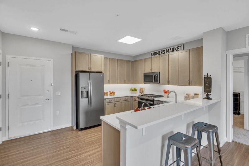 Interior photo of a Meadows at Montgomery apartment showing the kitchen and living room area. The kitchen has brand new cabinets, quartz countertops, stainless steel appliances and luxury woodgrain vinyl tile flooring.