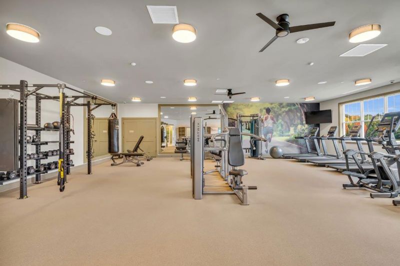 Interior photo of the gym inside the clubhouse at Woodhaven showing multiple cardio machines, wight machines, free weights and a punching bag.