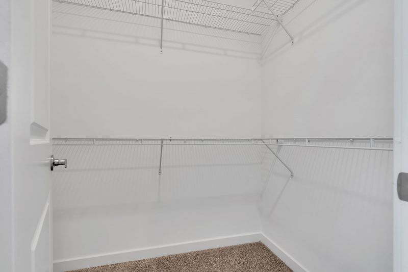 Photo of a walk in closet at Edison Lights showing a carpeted floor and plenty of shelves with hanger space.
