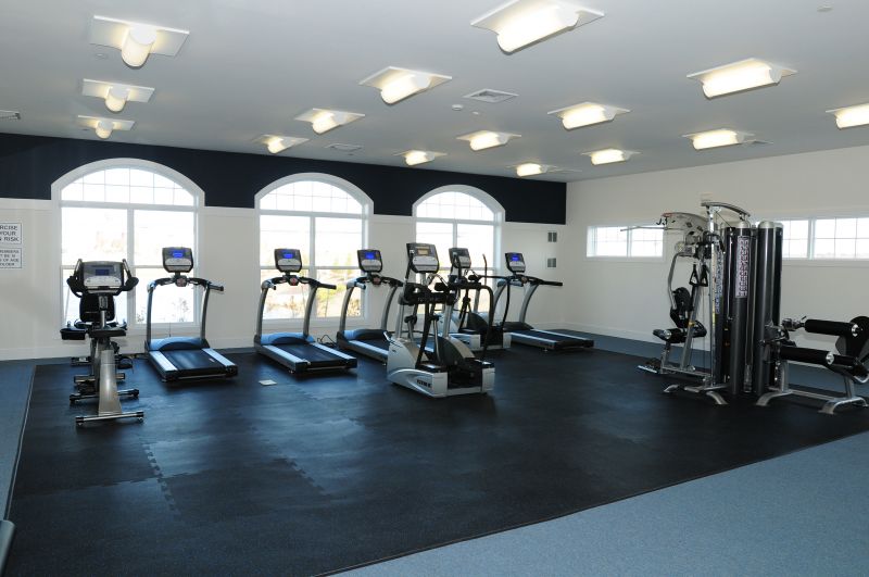 Image of the Harbortown gym showing a line of treadmills looking out large windows.