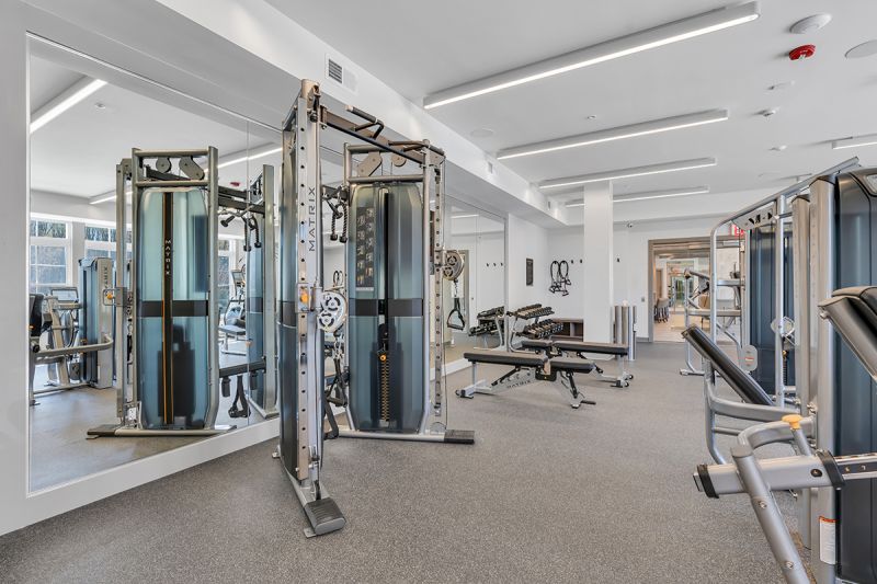 Interior photo of the gym at the Enclave at Woodhaven showing multiple strength training machines.