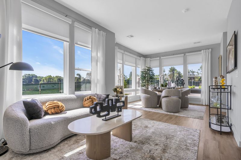 Interior photo of the living room in Woodland Square showing a large 4-person seating couch with a coffee table in front along with a wall-mounted TV. The living room showcases large floor-to-ceiling windows allowing natural light in the living room & dining room.