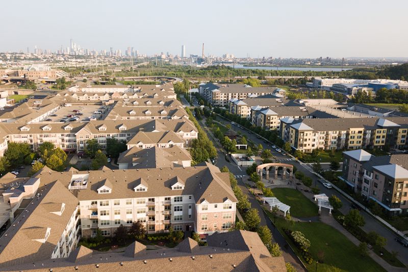 Xchange at Secaucus aerial photo shows the Xchange apartment community. New York sky line can be seen in the background. 
