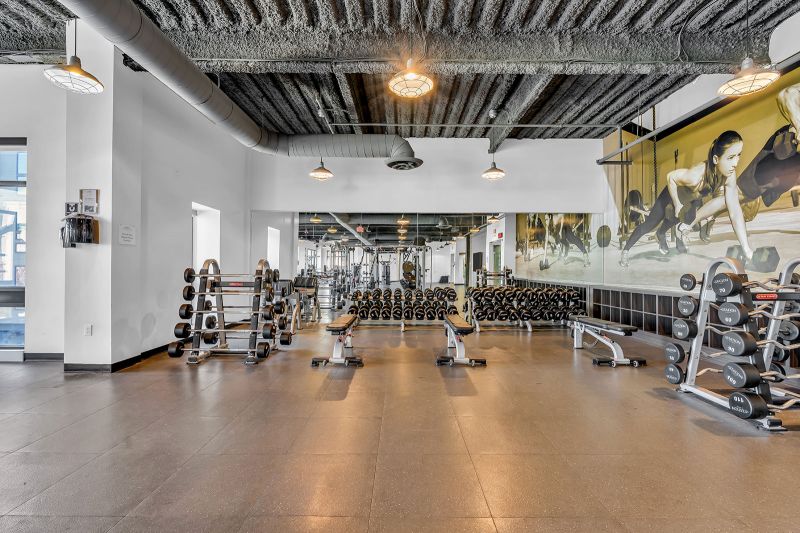 Interior photo of the gym at Xchange at Secaucus showing another angle of the variety of weights, dumbbells, barbells, and weight plates. It includes benches, squat racks, and lifting platforms to accommodate different workouts. Rubber flooring provides durability and safety, while large mirrors help users monitor their form. The space is brightly lit and neatly organized with storage racks.