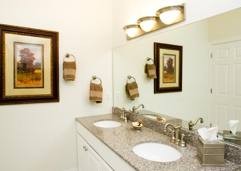 Towne Centre at Englewood bathroom photo showing dual sinks, granite countertops and upgraded faucets. A picture of a tree hangs on the wall. Hand towels and other decorations are shown.