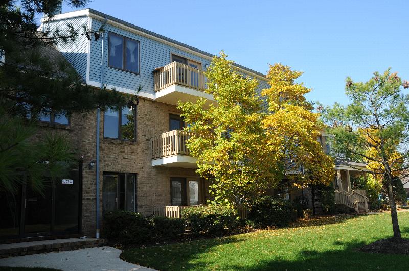 Peach Street Exterior photo showing a brick and vinyl exterior and several balconies. Several bushes and trees highlight the landscape.