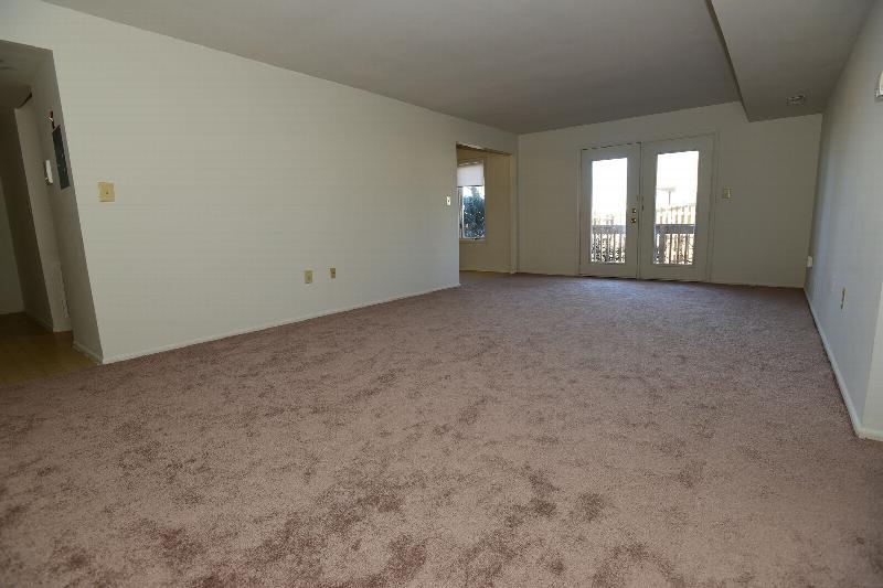 Peach Street Living Room photo showing carpet flooring and windows to allow natural light to enter the room. There is a door that leads to the balcony.