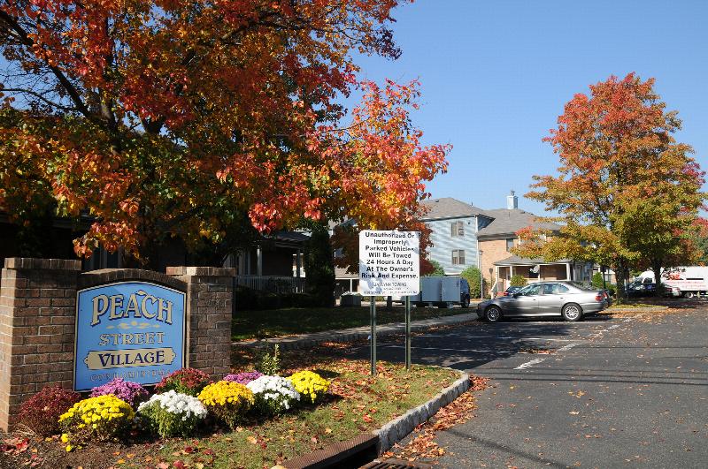 Peach Street Exterior photo showing a brick and vinyl exterior and several apartment entrances. A sign for Peach Street Village is shown. Several bushes and trees highlight the landscape.