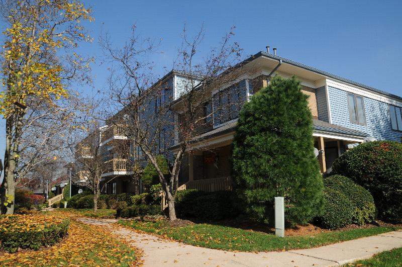 Peach Street Exterior photo showing a brick and vinyl exterior and several balconies. Several bushes and trees highlight the landscape.