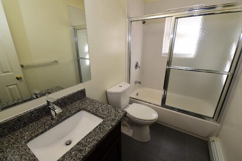 Delaware Heights master bathroom showing a new tub with shower door, toilet, sink with granite countertop, a large mirror and dark gray tile flooring.