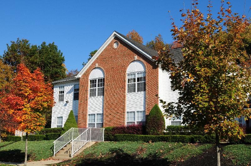 Woodhaven Terrace Exterior photo showing a staircase with a railing leading up to an apartment. Several bushes and trees highlight the landscape.