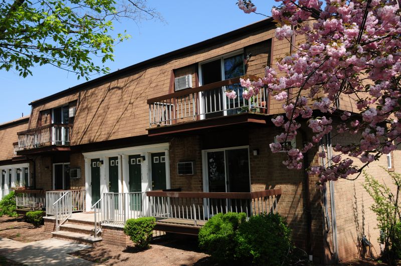 Colonial Gardens exterior photo showing a tan brick apartment building with green doors, white trim and balconies. Several green bushes landscape the front of the building and branches from a blossoming tree show pink flowers.