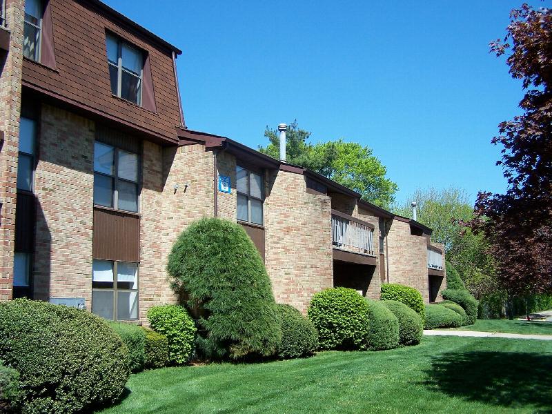 Gill Lane exterior shows a brick apartment building with a lush green lawn. Many green shrubs landscape the outside of the building