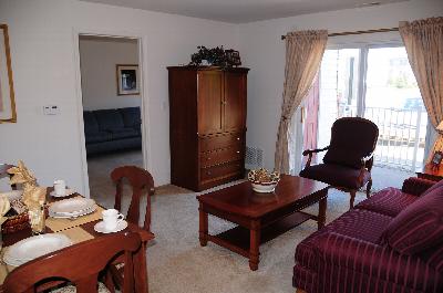 Hyde Park Living Room photo showing a couch with a table and chair. Next to the couch is an end table with a picture and a lamp. There is a dining room table with several chairs and decorations on the table. Carpet flooring runs throughout the apartment. The balcony can be seen through the sliding glass doors. Another couch in a different room can be seen in the background.
