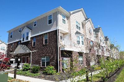 Exterior image of Harbortown Heights showing a 3 story apartment building with dark red brick and cream vinyl siding. Newly planted bushes and trees landscape the area.