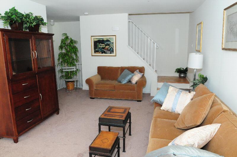 Harbortown Heights interior photo of the living room showing wall to wall carpeting, a couch and love seat with an entertainment cabinet. End tables and a coffee table with multiple plants can be seen. There is a stairway leading to the second floor.