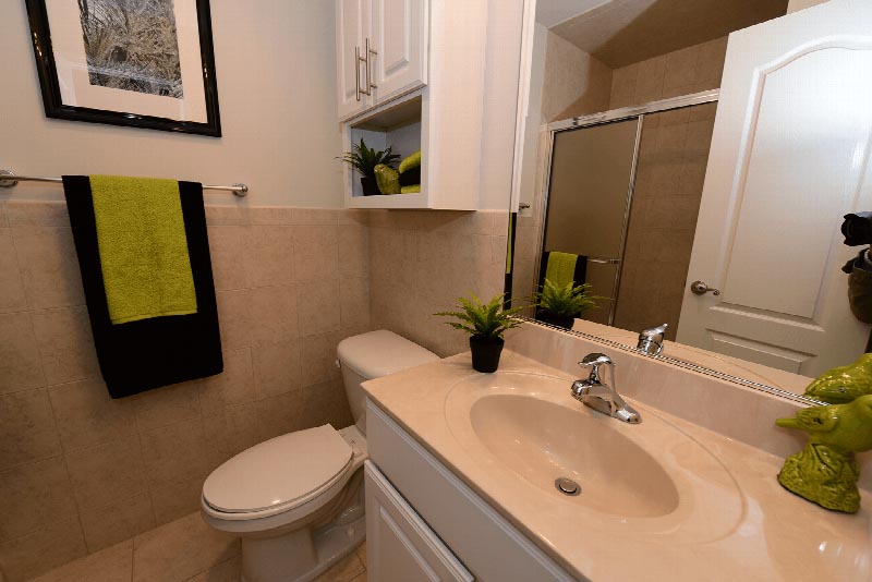 Village at Sun Valley photo of a bathroom showing a shower stall, toilet with medicine cabinet above, a vanity with sink and mirror above.
