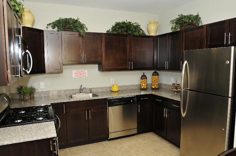 Autumn Hills kitchen photo shows dark cabinets, stainless steel appliances, granite counter tops and ceramic tile flooring. Several plants and other decorations are on the counter and above the cabinets.