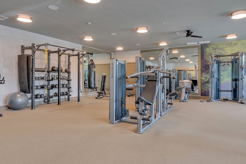 Interior photo of the gym inside the clubhouse at Woodhaven, showing free weights, kettle bells, a punching bag and several resistance machines.
