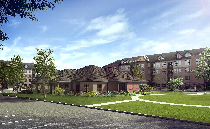 The Grove at One92 Leasing Center & Clubhouse photo showing the Clubhouse and apartment buildings. The Clubhouse has a sign for One92 on the side of the building. There are several bushes and trees highlighting the landscape.
